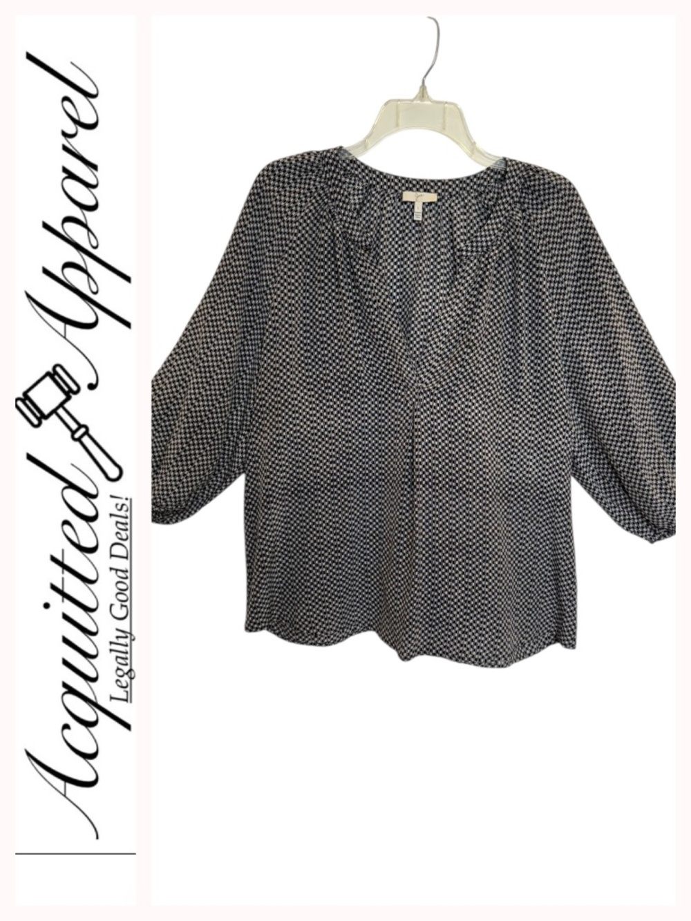 Joie Relaxed V-Neck 3/4 Elastic Sleeves Tiny Check Pattern Silk Blouse Large